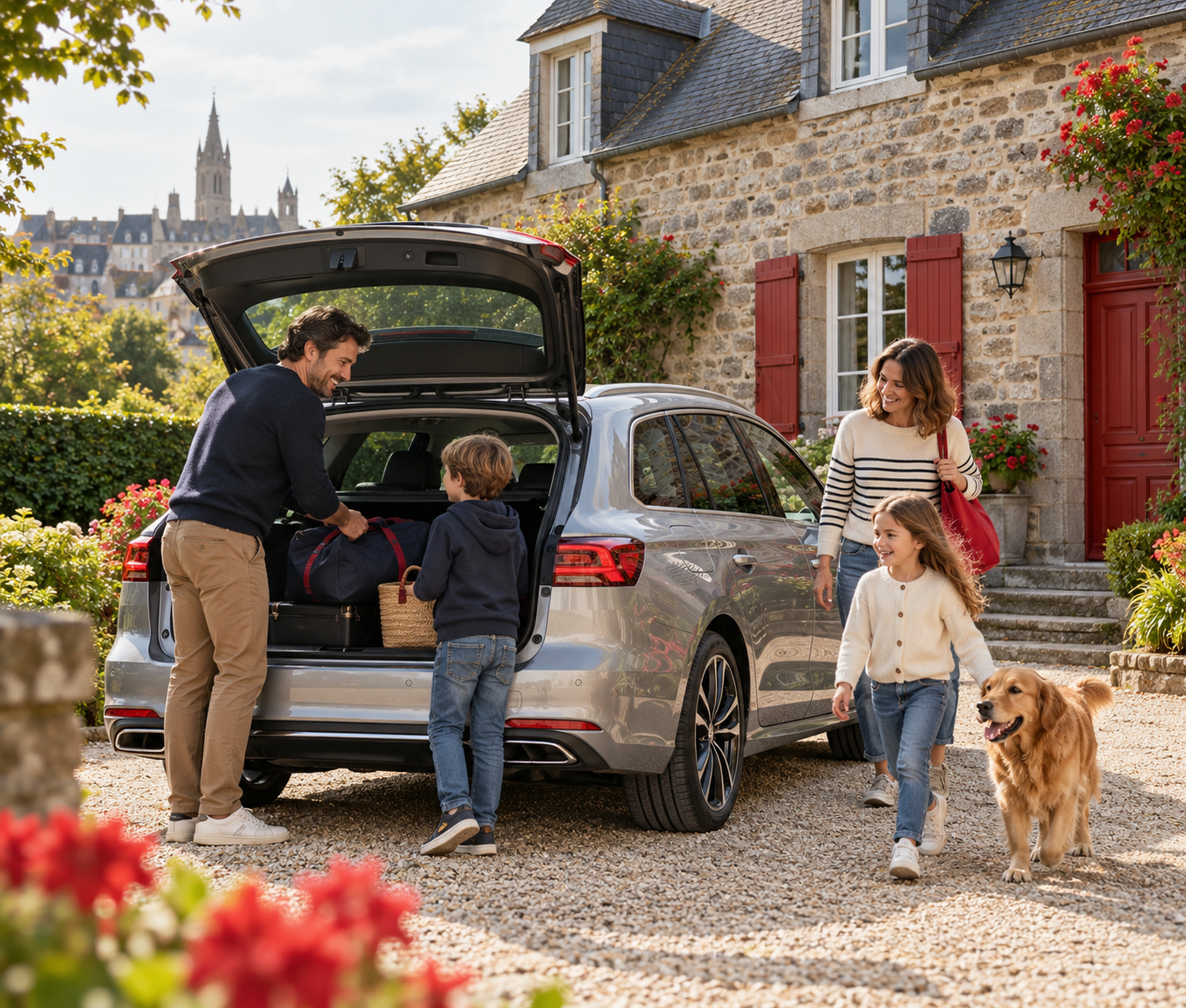 Famille chargeant son break devant une maison rennaise